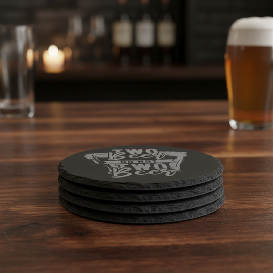 four slater coasters that are laser engraved sitting on a bar top with a beer in the background, the coasters say two beer or not two beer.