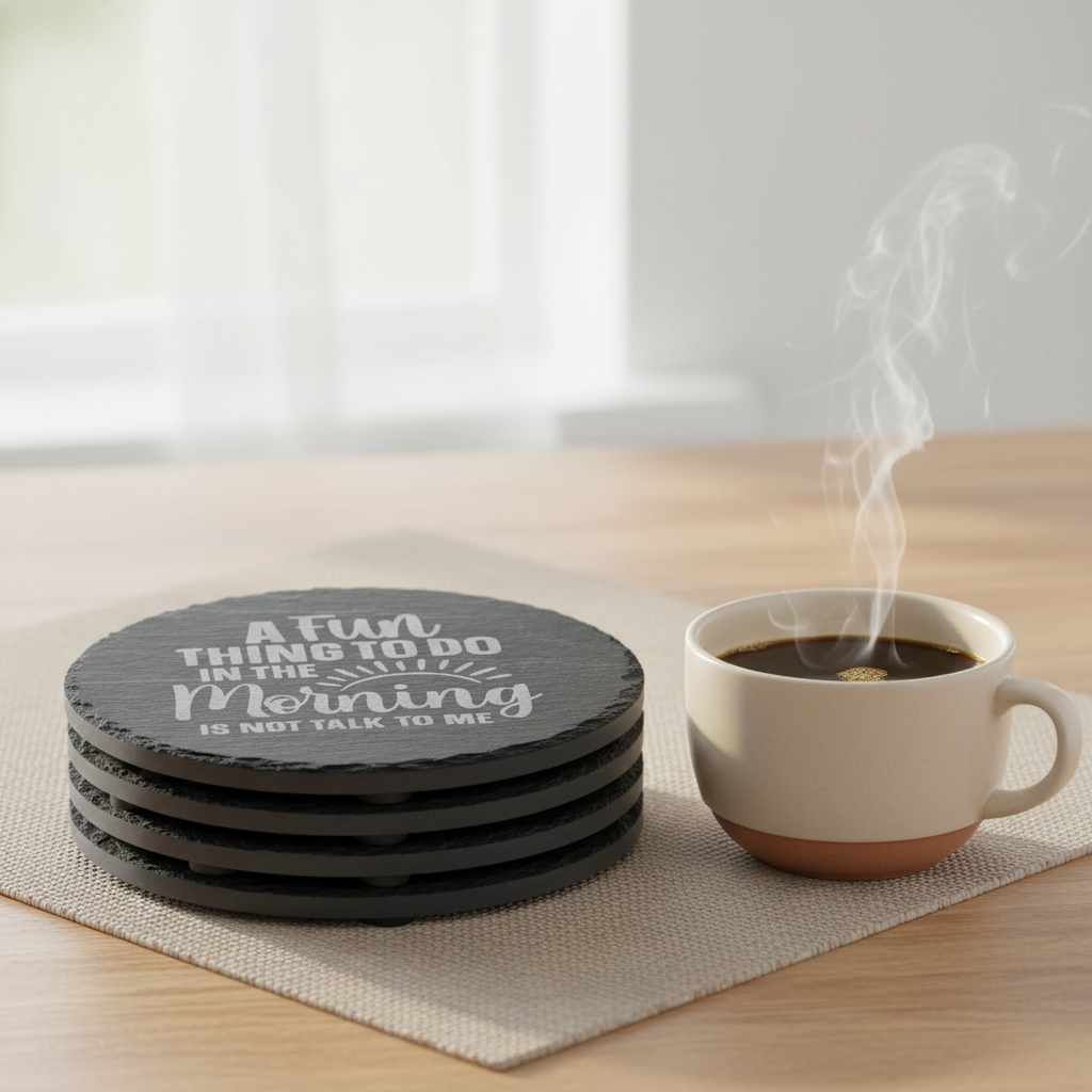 A round black slate coaster with laser etched text that reads 'A Fun THING TO DO IN THE Morning IS NOT TALK TO ME' with a small sun graphic, shown on a morning coffee table with a cup of black coffee.