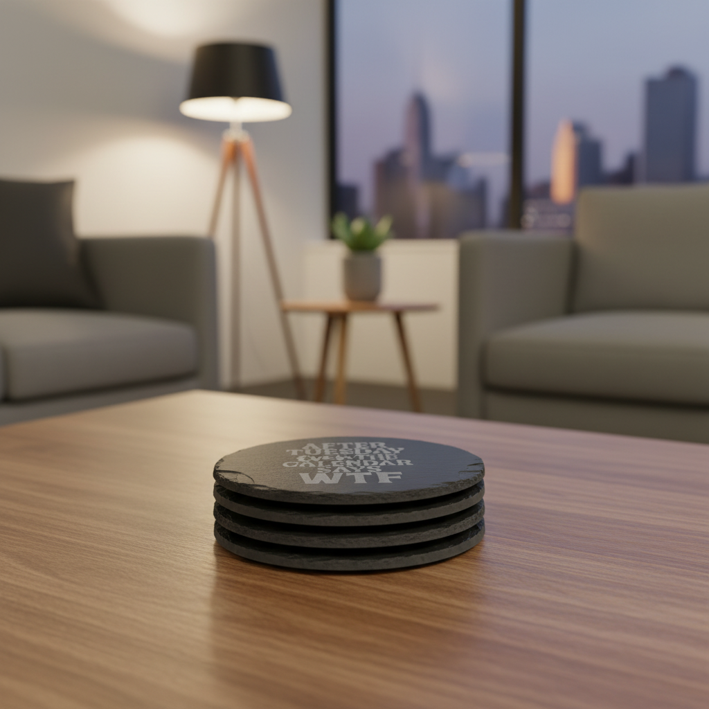 Two round black slate coasters shown on a white background, with one coaster in front displaying the text 'AFTER TUESDAY Even THE CALENDAR SAYS WTF' in light gray lettering, and the back of the second coaster visible behind it.