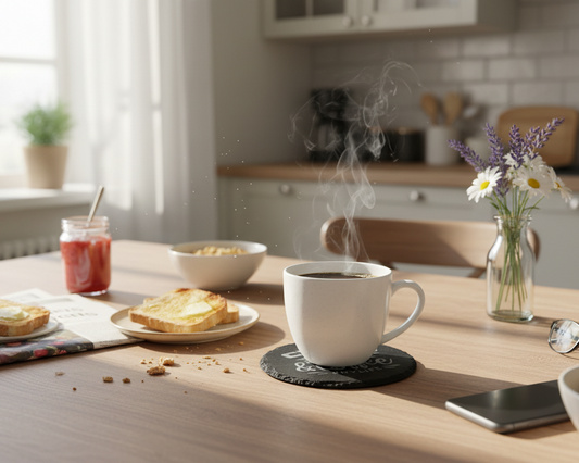 A round black slate coaster featuring the words 'CHAOS & coffee #MYLIFE' in a light gray laser etched design with a coffee cup and arrow illustration, with a coffee cup sitting on it at a very busy morning kitchen breakfast table.