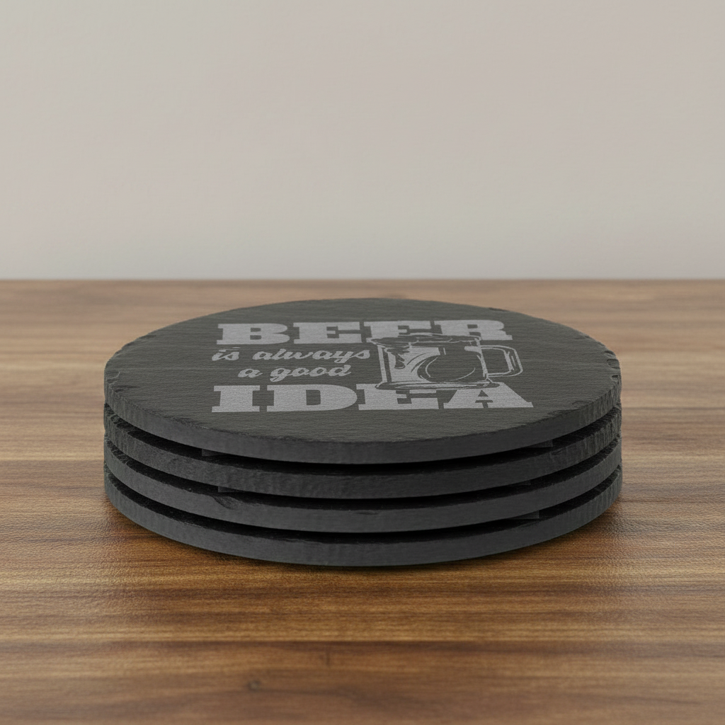 A round black coaster with a textured finish featuring the phrase 'BEER is always a good IDEA' in gray lettering alongside an illustration of a frothy beer mug, shown on a plain white background.