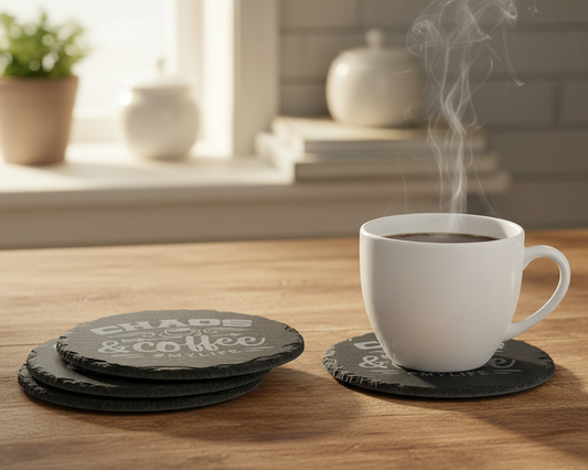 four black slate coasters that say Chaos & Coffee #MYLIFE sitting on a kitchen table, and one with a hot cup of morning coffee in a white mug.