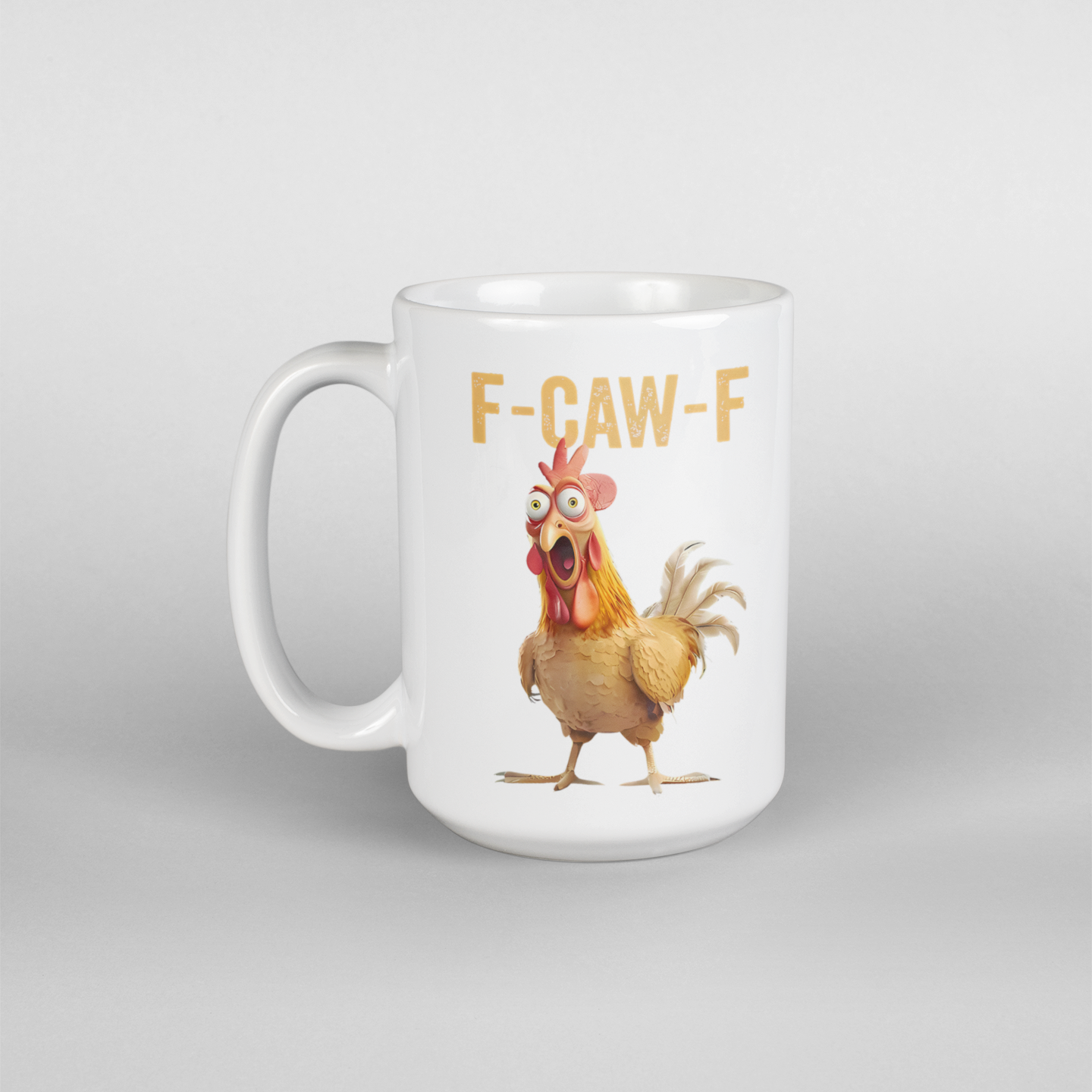 White mug with a cartoon chicken and 'F-CAW-F' text on a white background