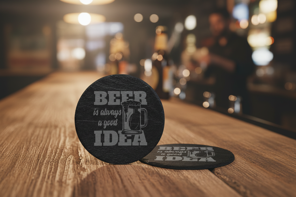 Two round black slate coasters shown on a white background, with one front-facing and one back-facing. The front coaster has a gray printed design reading “BEER is always a good IDEA” with a beer mug illustration.