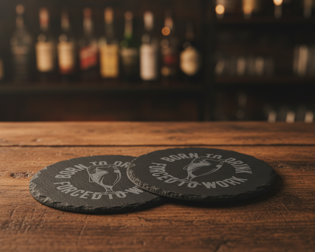 Two round black slate coasters on a bar top, with liquor bottles in the  background. The front coaster is engraved with the phrase 'BORN TO DRINK FORCED TO WORK' and a pint glass illustration.