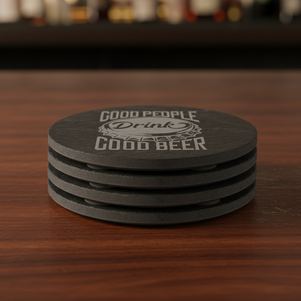Four round black slate coasters on a bar table . The front coaster is printed with the phrase 'GOOD PEOPLE Drink GOOD BEER' around a bottle cap graphic, each coaster has four rubber feet.
