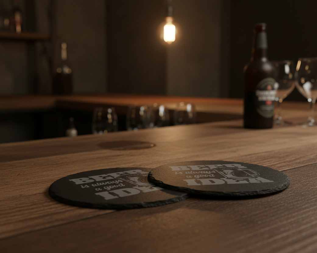 Two round black slate coasters shown on a white background, with one front-facing and one back-facing. The front coaster has a gray laser etched design reading “BEER is always a good IDEA” with a beer mug illustration.
