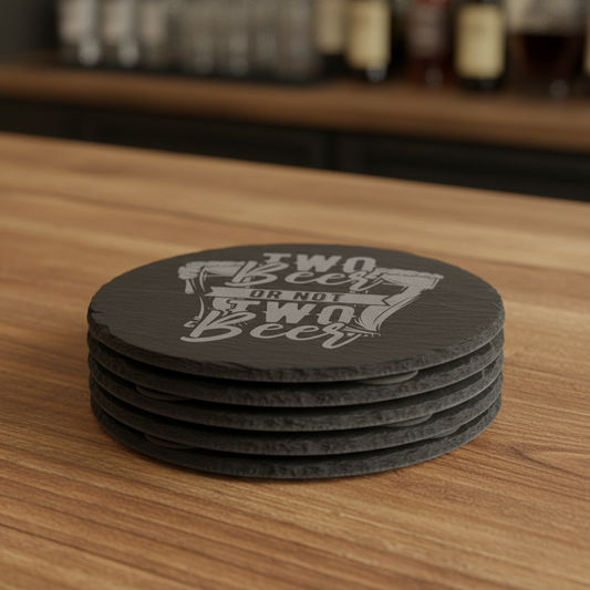 Two round black slate coasters with a laser etched design of two beer foams and the text 'Two Beer or Not Two Beer', shown on a white background.